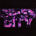 Close Up of Siren City text floral print from back